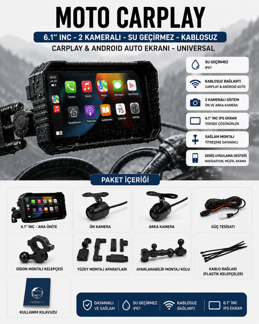 Moto CarPlay 6.2 İnç - 2 Kameralı - Su Geçirmez - Kablosuz CarPlay & Android Auto Ekranı