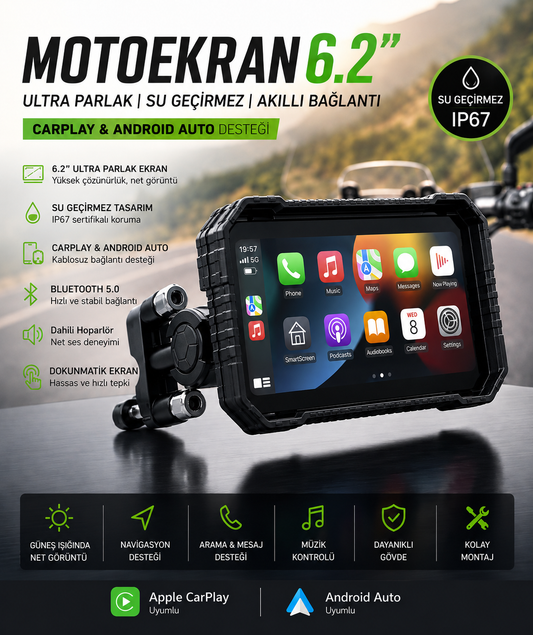 Moto CarPlay 6.2 İnç - 2 Kameralı - Su Geçirmez - Kablosuz CarPlay & Android Auto Ekranı